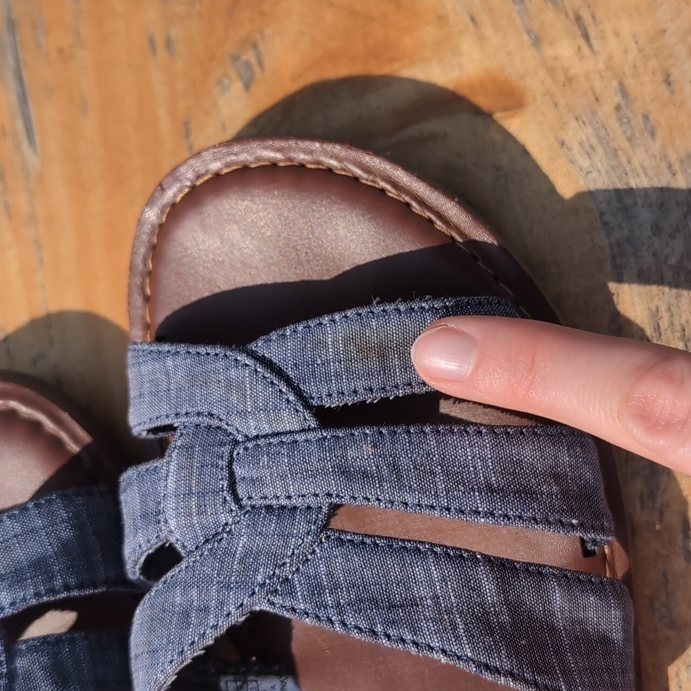 TOMS | Zoe Chambray Denim Straps Brown Suede Leather Sandals Size 8 - Picture 5 of 6